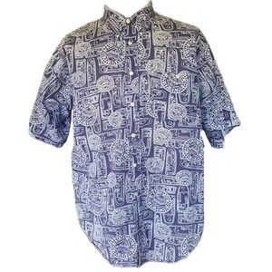 Unisex White and Blue Nautical Printed Short Sleeve Button Up